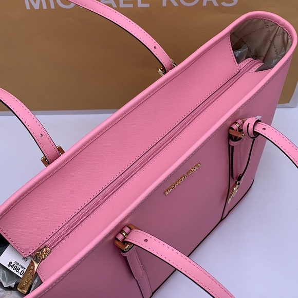 MICHAEL KORS Jet Set Travel Lg Top Zip Shoulder Tote Saffiano Leather Carnation - Picture 10 of 15